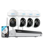 Reolink 4K PT Kit Caméra de Surveillance WiFi 6 Extérieure, 4 Caméras WiFi avec 355° Pan & 50° Inclin, Suivi Auto, Détection Intelligente, Vision Nocturne Couleur, NVR 12CH WiFi 2To HDD, RLK12-800WPT4