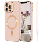 SouliGo iPhone 13 Pro Max Case iPhone 13 Pro Max Phone Cases Compatible with MagSafe and Magnetic Car Mount Slim Luxury Bling Plating Bumper Soft TPU Shockproof Cover with Lanyard - Pink