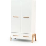 AT4 - Armoire enfant 2 portes en bois canaille Blanc et Hêtre 108 x 53 x176 cm