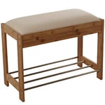 DRW Tabouret en Bois de Bambou avec Tissu écru et Support pour Chaussures en Acier 60 x 29 x 45 cm