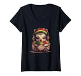 Womens Adorable Hedgehog Wearing Headphones V-Neck T-Shirt