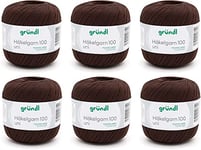 Gründl Laine Häkelgarn 100 (Fil à Crocheter en 100% Coton mercerisé, 100 g / 566 m, Taille d'aiguille : 1,5-2, 6 x 100 g), Chocolat