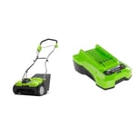 Greenworks 40V Cordless Lawn Rake Dethatcher, 3600rpm, 36cm Working Width, 30L Collection Box & 40V Battery Charger. 40V Universal Charger for Garden and Power Tools. Charges 2Ah Batter