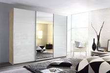 Rauch Kulmbach 3 Door Sliding Wardrobe in Sonoma Oak and High Polish White with Aluminium Handle Strips - W 203cm