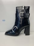 River Island Black Leather Buckle Zip Square Toe Ankle Boots UK Size 7 EUR 40