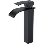 Robinet Lavabo Cascade Noir, Haut Mitigeur Vasque à Poser Salle de Bain, Robinetterie Grand Bec Carré en Laiton, Eau Chaude et Froide Disponible,