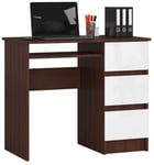 Bureau d'ordinateur AKORD droit A6 Wengé 90 cm 3 tiroirs façade Blanche 1 étagère 90x50x77 cm