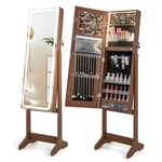 GOPLUS Armoire à Bijoux avec Miroir sur Pied, Armoire a Bijoux Verrouillable avec Lumières 3 Couleurs, 3 Angles d'Inclinaison, Organisateur de Bijouxpour Boucles d'Oreilles, Bague, Collier, Brun