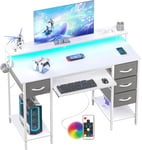 Bureau Informatique Multiprise Intégrée LED - 120x50cm Table Gaming avec Plateau pour Clavier, 4 Tiroirs Réversibles, Rangement Étagère pour Etudier Jouer Travailler Chambre Domicile Salon