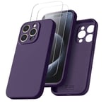 JZG Coque Compatible avec iPhone 15 Pro avec 2 Verre Trempé, Etui de Protection iPhone 15 Pro en Silicone Liquide Antichoc avec Microfibre Douce 6,1 Pouces(Violet foncé)