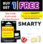 Smarty UK sim card, UNLIMITED DATA GB INTERNET Calling mins/texts, EU Roaming