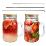 Mason Jar with Handle, Set of 2 Regular Mouth Mason Jars 16 Oz, Mason Jar with Lids and Straws, Reusable Boba Cups Travel Bottle for Iced Coffee Large Pearl Juices Cocktail