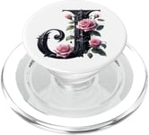 Black Letter J Floral Monogram Initial J Rose Pink Flower PopSockets PopGrip pour MagSafe