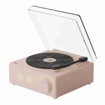 Roterande Vinyl-skivalarmklocka med högtalare Retro 360 graders stereoljud Trådlös klocka Bluetooth-högtalare för hem, sovrum, kontor Rosa