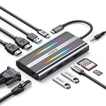 Station d'accueil, ORICO 12 en 1 USB C Hub, Docking Station avec Double 4K HDMI, PD 100W, Ethernet, 3 USB 3.0, TF/SD, VGA, Audio 3,5 mm, 14 Modes d'éclairage RGB, Compatible pour Windows/Mac OS