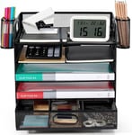 Organisateur de Bureau，Bac à Courrier Empilable 5 Niveaux, avec 2 support de dossiers, 2 Pot a Crayon, Plateau de Rangement de Bureau en métal, Range Document Bureau, Noir