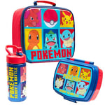 Pokemon Kids Insulated Lunch Bag, Box and Bottle, 3 Piece Set - Anime Gifts (Red/Blue)