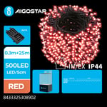 25m röd batteri LED ljusslinga - 500 LED, 8 ljusspel, mörkgrön sladd