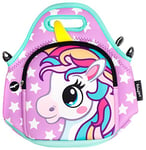 FRINGOO® Kids Lunch Bag Neoprene Children Thermal Insulated Tote Bag Shoulder Strap Zipped Pocket Cooler Snack Picnic Nursery School Cute (Unicorn Purple Stars - Lunch Bag)