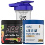 Applied Nutrition Bundle ABE Pre Workout 375g + Creatine 250g + 700ml Protein Shaker | All Black Everything Pre Workout Powder, Energy & Performance with Creatine, Beta Alanine (Strawberry Mojito)