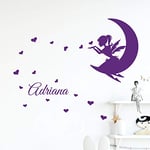 Stickers Prénom Personnalisé | Sticker Autocollant Fée sur la Lune - Décoration Murale Chambre Enfant | 2 Planches de 30 x 20 cm et 60 x 25 cm – Violet