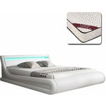 Lit Coffre avec Matelas Texas Lit Adulte Couleur Blanc avec led Matériaux bois et simili cuir Coffre de rangement Modèle Parisina 140x190cm