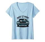 Womens Vintage Skeleton Car Drive Into The Night | Spooky Halloween V-Neck T-Shirt