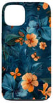 Coque pour iPhone 13 Motif floral abstrait bleu avec abeilles tropicales vintage