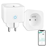 Prise Connectee Alexa Française 16A 3680W Mesure De Consommation Electrique Type-E,Prise Intelligente Avec Google Home,Smart Life App Contrôle,Horaires Et Minuterie,2Pcs Blanc