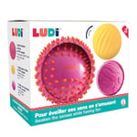 Ludi - 3 Balles Sensorielles Souples Texturées - Jouet D'Éveil Bébé - Dès 6 Mois - Développe Le Toucher, La Motricité Fine & Le Bien-Être - Diamètre : 8 & 15 cm - Rose & Jaune