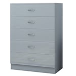 Grey Gloss Chest of 5 Drawers. Large Grey Bedroom Furniture Chest. Metal Handles