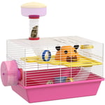 Pawhut - Cage à hamster rat rongeur - plateforme, biberon eau, roue, maisonnette, tubes - acier blanc pp rose - Rose