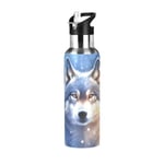 Mnsruu Wolf Water Bottle for Boys Girls Kids Stainless Steel Drink Flask Straw Vacuum Insulated Leakproof Thermos for Sports 600 ml