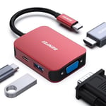 HUB USB C 4 en 1, BENFEI adaptateur USB C vers HDMI VGA, adaptateur USB Type-C vers USB, compatible pour MacBook Pro/Air, iPhone 15 Plus Pro Max, Surface Book 2, Dell XPS 13/15,Pixelbook et plus-Rouge