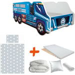 Bebegavroche - Pack complet Lit camion modèle police bleu Lit +sommier+Matelas & Parure+ Couette+ Oreiller - 70 x140 cm