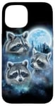 Coque pour iPhone 15 Trois ratons laveurs engloutis dans les nuages de galaxie sous la lune glacée