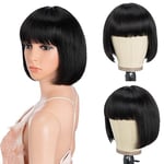 Style Icon Bob Human Hair Wig with Bangs for Black Women Short Straight Hair Glueless Bob Wig Machine Made Short Bob Wigs (8 inches, 1B)