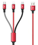 Câble de Charge Multi 4A 1Pack Câble de Charge Rapide USB 3-en-1 avec Ports IP/Type C/Micro USB pour Téléphone 13 12 11 Xs Xr X 8 7 6 SE/Samsung Galaxy S20 10 9/Huawei/Pixel/LG/Xiaomi/tablettes