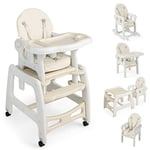 DREAMADE 3 en 1 Chaise Haute Convertible Bébé 0-3 Ans avec Siège Réglable&Plateau Amovible Chaise Haute Evolutive Enfant avec Fonctions à Bascule,4 Roues Universelles,Charge 20 KG (Beige)