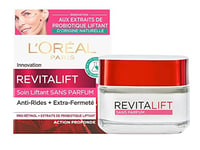 L'Oréal Paris - Crème de Jour Anti-Âge - Soin Jour Anti-Rides & Extra-Fermeté - Aux Extraits de Probiotique Liftant Naturel - Sans Parfum - Tous Types de Peaux - Revitalift - 50 ml