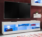 Meuble TV Tivoli RTV Komodee - LED Bleues - Blanc Brillant et Blanc - Facades en Mat - 140 x 41 x 35 cm