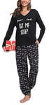 Lovasy Ensemble de Pyjama Femme Hiver Chaud Vêtement de Nuit Long Col en V avec Motif Mignon à Manches Longues Pyjamas à Maison Costume C Noir XL