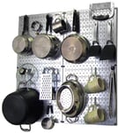 Wall Control Organisateur de table de cuisine, casseroles et poêles, tableau de bordure, kit de rangement et d'organisation avec tableau métallique argenté et accessoires blancs
