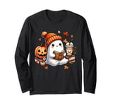 Cute Ghost Reading Book Lovers Halloween Ghost Coffee Women Long Sleeve T-Shirt