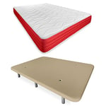 DUÉRMETE ONLINE Beige Lit Complet avec Matelas Lite réversible + Base tapissée renforcée Couleur 6 Pieds, Bois, 135 x 190