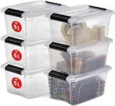 Iris Ohyama, Petite Boite Rangement Plastique avec Couvercle, 5L, Lot de 6, Transparent, Clips de Fermeture, Poignée, Empilable, Organisation Solide & Durable, pour Chambre, Dressing, Bureau, NTB-5