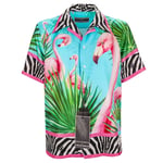 DOLCE & GABBANA x DJ KHALED Short Sleeve Silk Shirt w. Flamingo Zebra Pink Blue