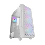 MARSGAMING MC-GEO, Boîtier Gaming ATX, 4X Ventilateurs FRGB Rainbow 12cm, Panneau Avant Mesh Géométrique, Fenêtre Verre Trempé, Semi-Tour PC Double Chambre, Support Refroidissement Liquide, Blanc