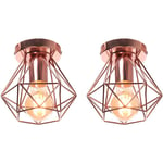 Lot de 2 Plafonnier Industriel Cage Métal Forme Diamant Lustre Suspension Luminaire Salon Couloir Doré Rose