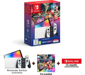 Nintendo Switch OLED White & Mario Kart 8 Deluxe & Nintendo Switch Online 12 Month Membership Bundle, White